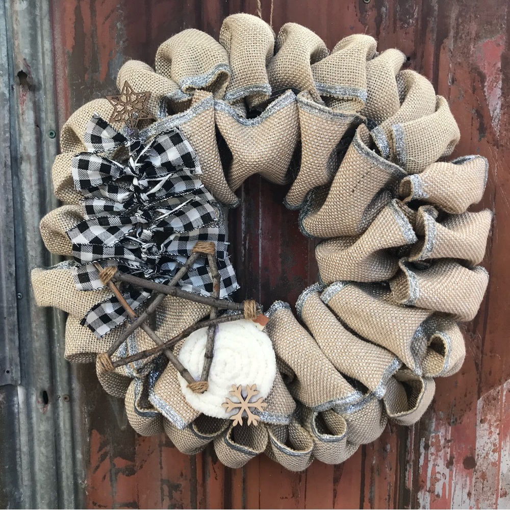 Silver trim burlap ribbon wreath